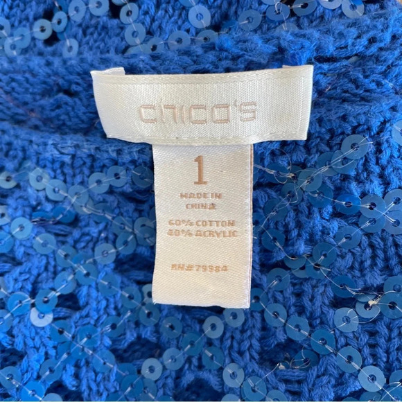 Chico’s blue sequin 3/4 sleeve open weave sweater size 1. - Picture 5 of 5